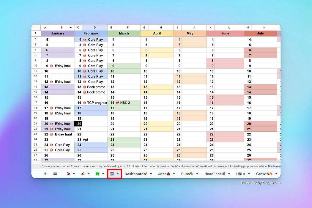 A colorful yearly calendar in Google Sheets to give a yearly overview of what’s due or done