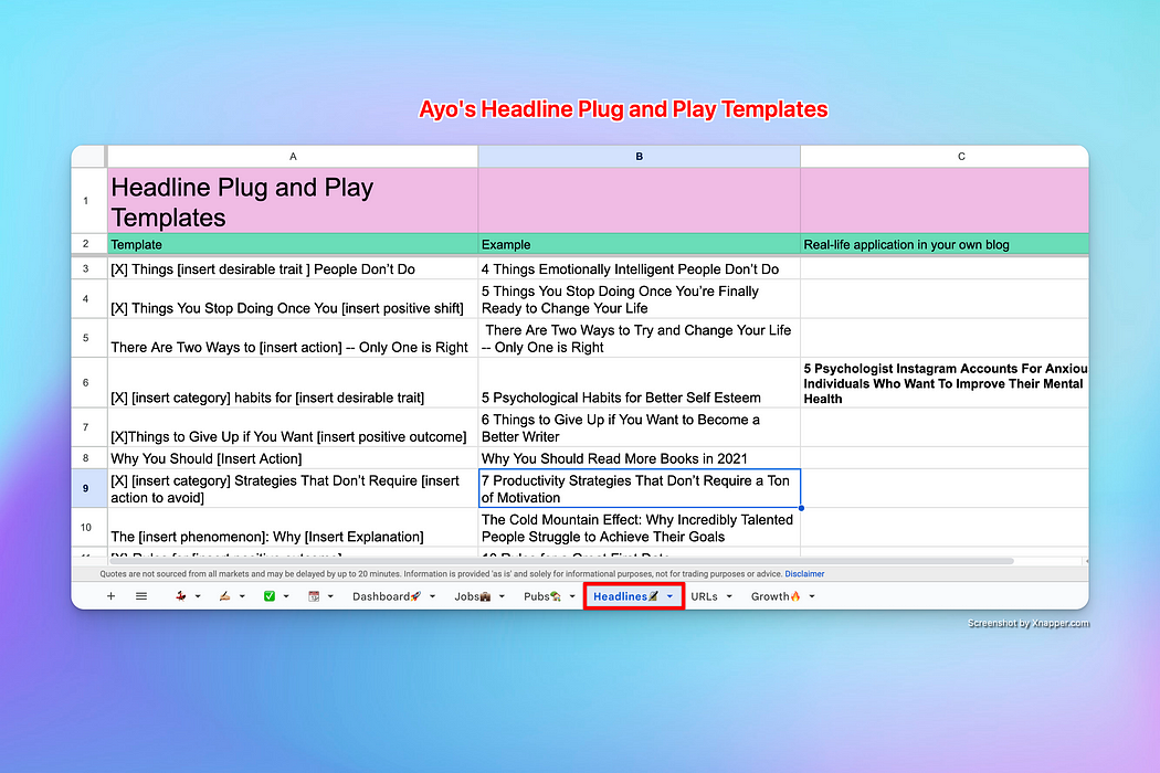 Ayo’s Headline Plug and Play Templates that I transferred onto my Google Sheets organizer