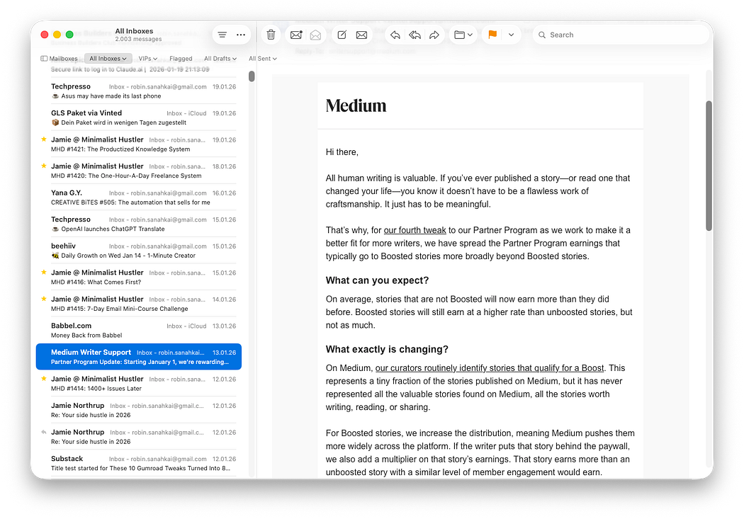 Medium email in Apple Mail detailing updates to the Partner Program, with the subject “Partner Program Update.” The email explains changes in earnings for boosted and non-boosted stories, aiming to better support a broader range of writers.