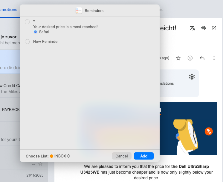 Apple Reminders popup window with an active reminder titled “Your desired price is almost reached!” created from Safari. Gmail interface is visible in the background.