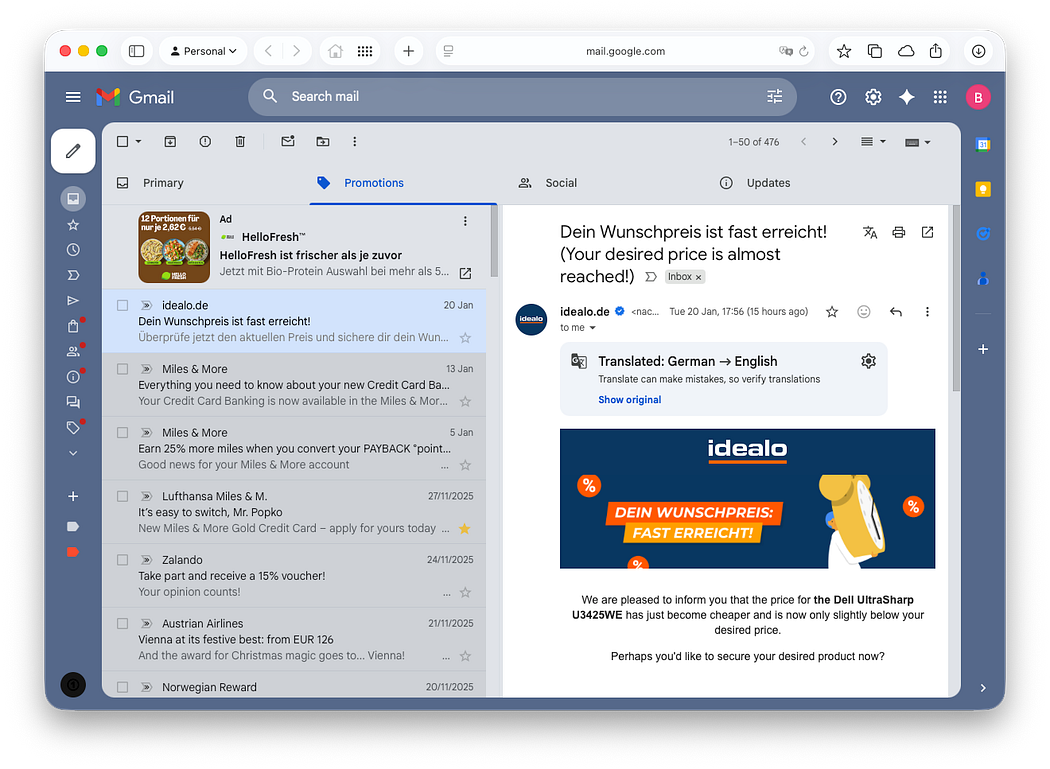 Close-up of a Gmail inbox highlighting a promotional email from idealo.de. The email subject says, “Your desired price is almost reached!” and the content promotes a discounted Dell UltraSharp monitor.